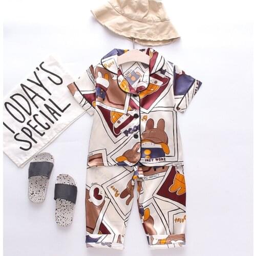 Summer Toddler Infant Kids Baby Boys Girls Pajamas Set Satin Short Sleeve Cartoon Printed Tops+Pants Sleepwear Outfits Set#p4