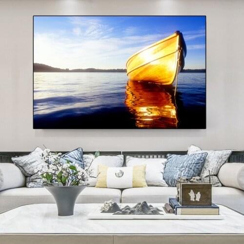 Seaside Sunset Landscape Canvas Painting Wooden Boat Posters and Prints Wall Pictures Modern Living Room Home Decoration