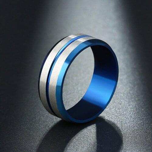 Mens Fashion Silver Color Brushed Ladder Edge Tungsten Ring Blue Groove Men Wedding Ring Gifts For Men