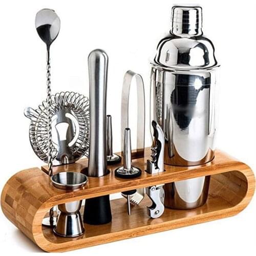 750ml Stainless Steel Bar Cocktail Shaker Set Barware Tools Shaker Sets With Oval Wooden Rack Base Kitchen Dining Bar Tools