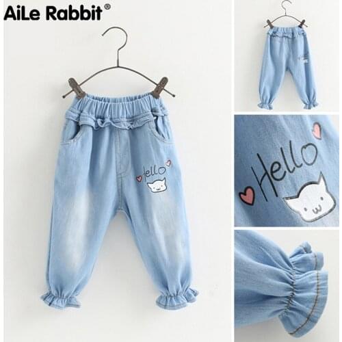 2020 New Arrival Girls Fashion Jeans Cartoon Piggy Letter Hello Fashion Kids Clothes Pants Brand Clothing