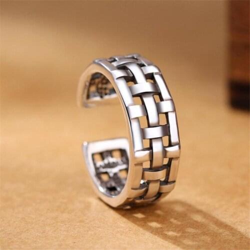 New Retro Hollow Interwoven Mesh 925 Sterling Silver Jewelry Personality European Style Geometric Opening Rings SR460