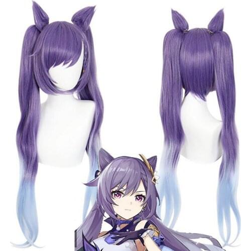Game Genshin Impact Wig Keqing Cosplay Purple Long Curly Ponytails Ears Horns Pigtails Heat Resistant Women Halloween Carnival