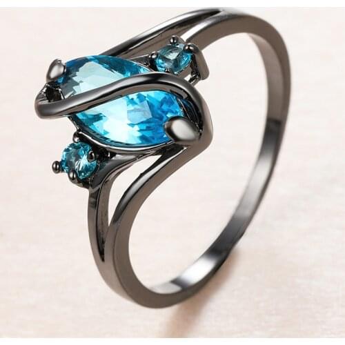 Luxury Female Aqua Blue Crystal Ring Charm 14KT Black Gold Thin Wedding Rings For Women Cute Bride Leaf Zircon Engagement Ring