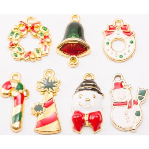 Christmas Charms Gold Tone Plated Colorful Snowman Ring Bell Hat Candy Cane Flower wreath DIY Jewelry Pendants 14pcs