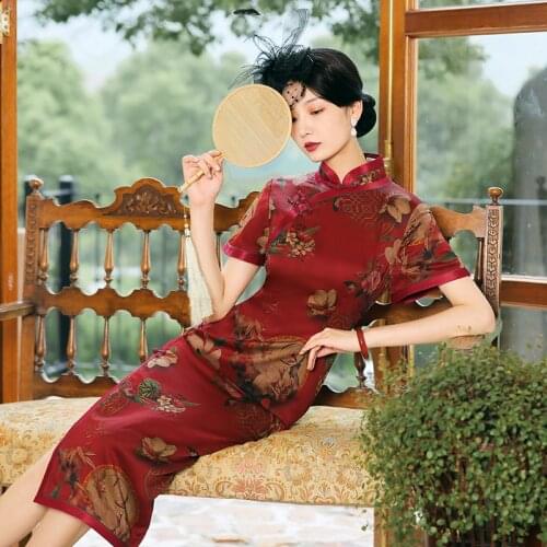 Silk Qipao High End Customization Vintage Cheongsam Self-Cultivation Chinese Dress Red Printing Traditional China Clothing