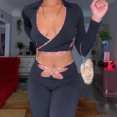 Sexy Fashion Hollow Flower Tight-fitting Two-piece Casual Casual Wear Long Sleeve Autumn Black Sportswear Female Elegant Suit