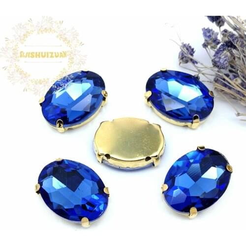 Classic style Light Sapphire OVAL shape Glass Crystal sew on rhinestones with Gold claw Diy Clothing accessories Free shipping