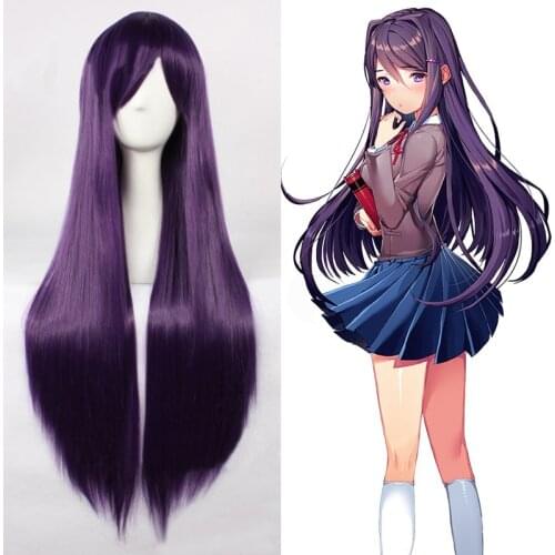 High Quality DDLC Wig Game Doki Doki Literature Club! Yuri 80cm Purple Long Heat Resistant Hair Cosplay Wig + Free Wig Cap