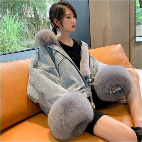 2020 new Winter Jacket Removable Denim Parka Women Cuffs Rabbit Lining Real Fox Fur Collar Warm Loose Outerwear