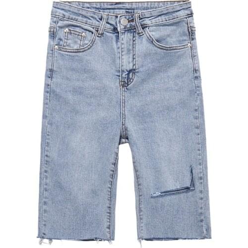 2021 Summer Women Pockets Tassel Midi Shorts Jeans for Women Casual Stretch High Waist Blue Destroy Ripped Denim Shorts