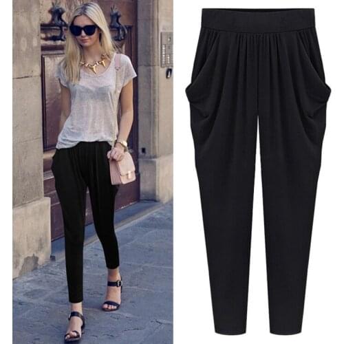 Women Plus Size Harem Pants High Waist Pants Fashion Solid Color Loose Ankle-length Pants Casual Summer Female Large size Capris