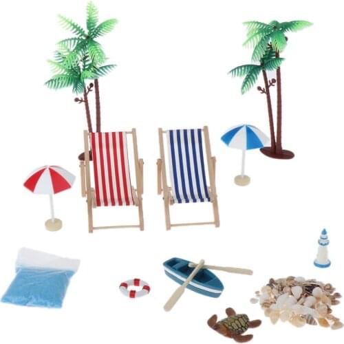 1:12 Dollhouse Beach Accessories 12pcs Set - Deck Chair, End Table with Drinks, Beach Umbrella, Mini Tree, Boat and Shell