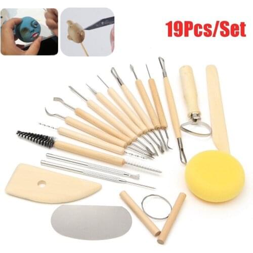 19pcs Clay Sculpting Sculpt Smoothing Wax Carving Pottery Ceramic Tools Wood Handle Set