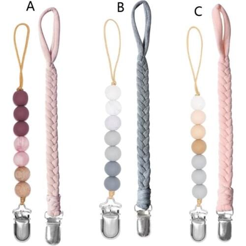 2 Pack Pacifier Clips Universal Sofy Braided Pacifier Holder & Silicone Beaded Binky Holder Teether Toy Leash Baby Shower Gift