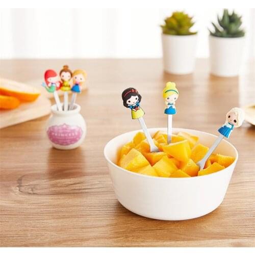 6pcs/Set Cute Cartoon Princess Stainless Steel Dessert Fruit Forks with Holder Set Mini Salad Fruit Fork Food Flatware