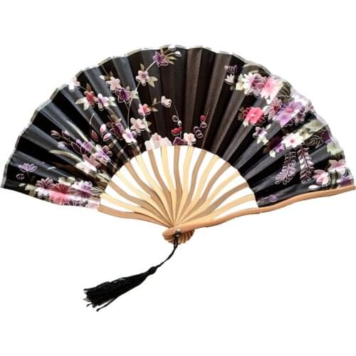 Bamboo Handles Silk Dance Hand Fan Vintage Japanese Folding Fans Fashion Decorative Tassel Chinese Folding Fans Art Craft Gift