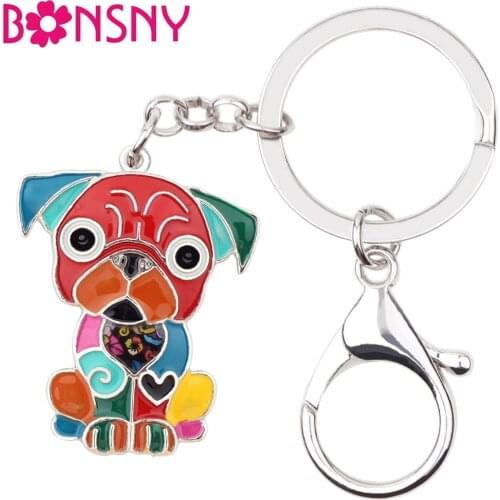 Bonsny Metal Enamel Sitting French Bulldog Pug Dog Key Chains Keychain Keyrings Jewelry For Women Girls Pendant Bag Car Charms