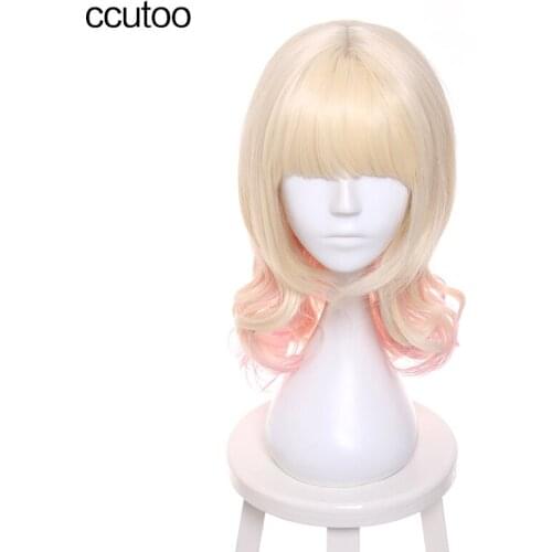 Ccutoo Diabolik Lovers Komori Yui 40cm Pink Blonde Ombre Mix Curly Medium Flat Bangs Styled Synthetic Hair Cosplay Full Wigs