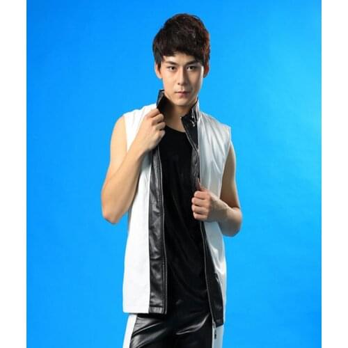 Black-and-white splice personality casual fashion patchwork clothes male costumes pu leather vest men leather pants twinset