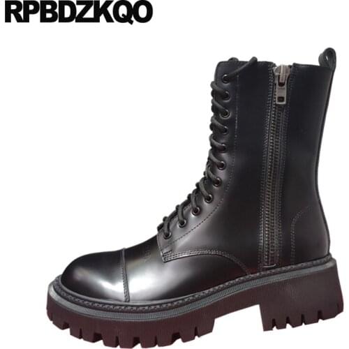 Black Chunky Round Toe Women White Platform Boots Army Winter Genuine Leather Lace Up Shoes Patent Combat Ankle Military British