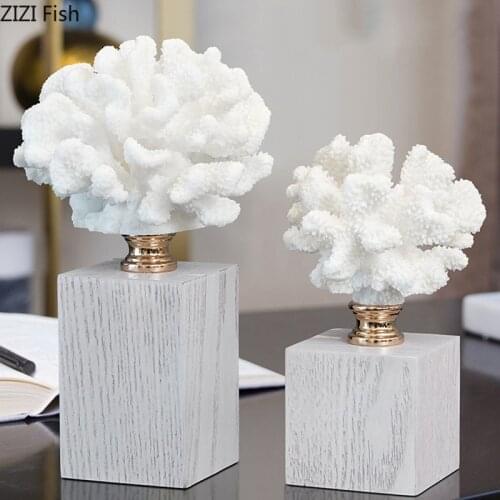 White Coral Model Wooden Base Statue Living Room Decoration Desktop Ornaments Brief Crafts Sculpture Modern Home Decor