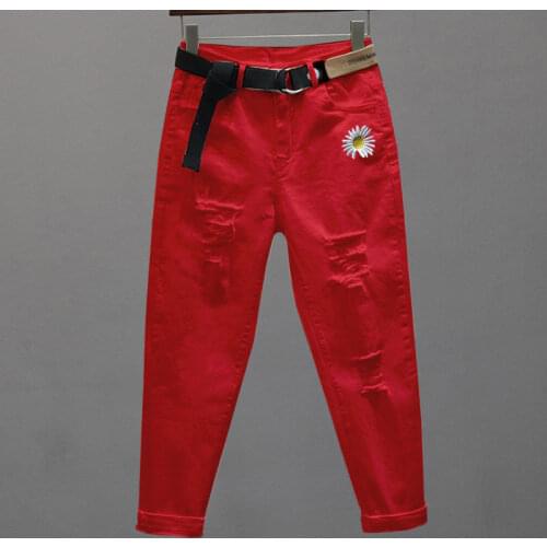Spring Autumn Korea Fashion Women red Jeans High Waist Vintage Hole Loose Denim Pants Casual Ankle-length Harem Pants Gift belt