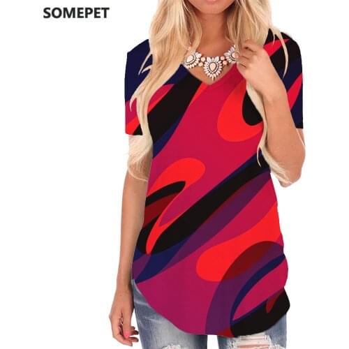 SOMEPET Flame T-shirt women Painting V-neck Tshirt Creativity Funny T shirts Art Tshirts Printed Womens Clothing Summer Loose