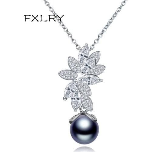 FXLRY Romantic White Color AAA Cubic Zircon Flowers Gray Pearl Necklaces For Women Fashion Jewelry Accessories