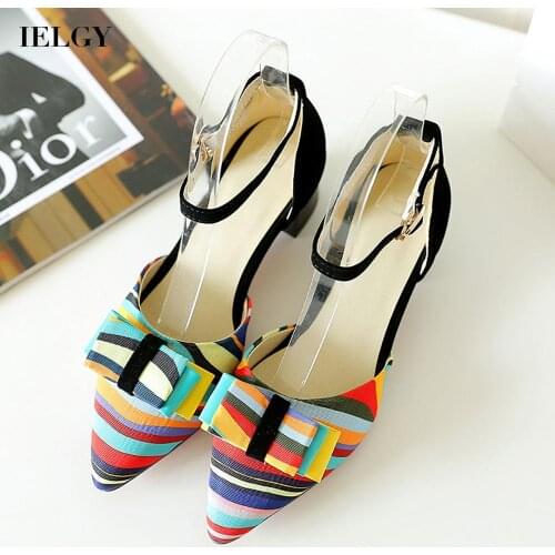 IELGY shallow mouth color matching large size buckle pointed toe popular low heel thick heel all-match Womens sandals