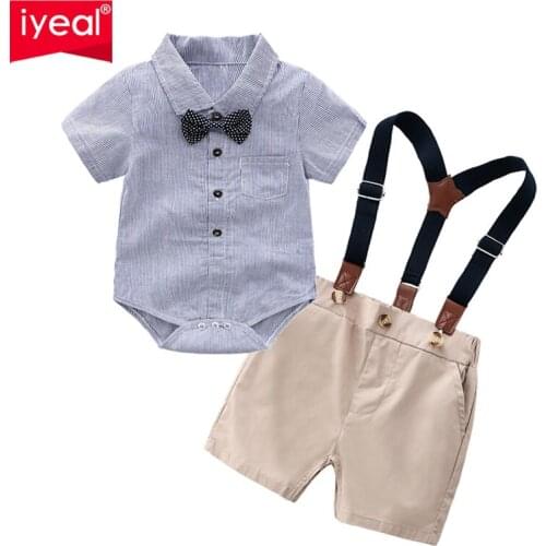 IYEAL Fashion Summer Baby Boys Birthday Party Outfit Gentleman Short Sleeve Shirts Bowtie Suspender Pants for 0-2 Years