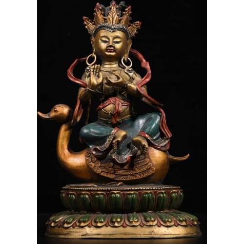 11"Tibet Temple Collection Old Bronze Painted Brahma Ride a duck Tara Bodhisattva Tibetan Buddha Ornaments Town House Exorcism