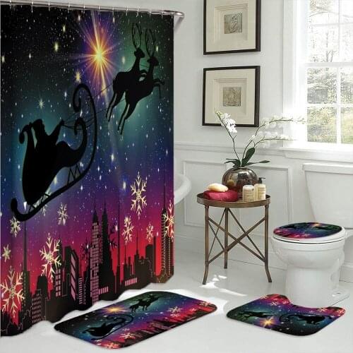Night Sky Santa Elk Bathroom Set Merry Christmas Toilet Seat & Cover Waterproof Shower Curtain Bath Mat Rug Sets Home Decor