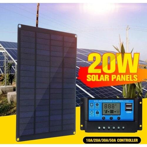 20W Solar Panel Kit 18V/5V USB Solar Cells with 10/20/30/50/60A Solar Car Charger Controller Protable for Outdoor Camping Hiking