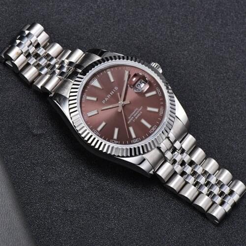 Fashion Parnis 39.5mm Brown Dial Automatic Mens Watches Calendar 21 Jewels Mechanical Men Watch Reloj Hombre Marca De Lujo 2021