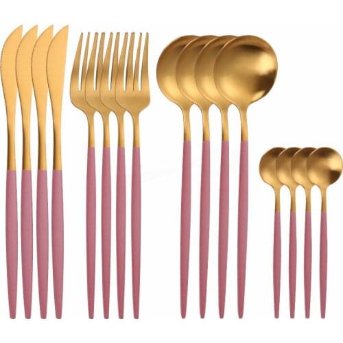 Pink Gold Cutlery Set Stainless Steel Tableware Set Matte Dinnerware 16pcs Spoon Fork Knife Dinner Set Complete Kitchen Flatware