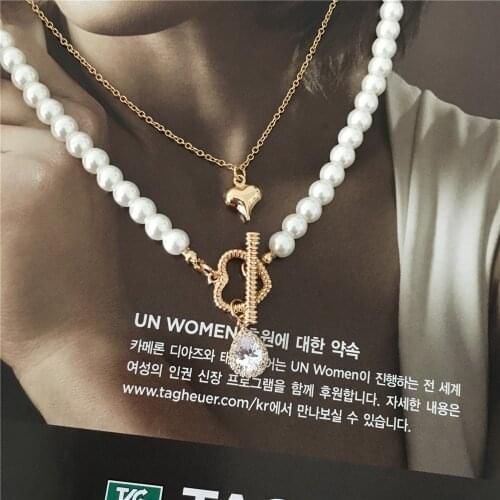 New Arrivals Gorgeous Pearl Strand Zircon Waterdrop Shiny Heart Enclosure Layered Necklace For Women Girl Elegant Party Jewelry