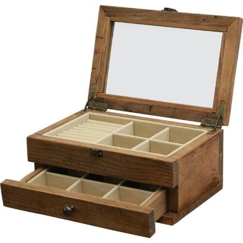 Clear Glass Top Vintage Style Jewelry Organizer Box Two Layers with Ring Tray