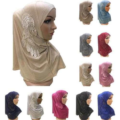 Ramadan Muslim Women Hijab Flower Lace Amira Full Cover Head Wrap Scarf Long Shawls Islamic Turban Headscarf Prayer Hat Fashion