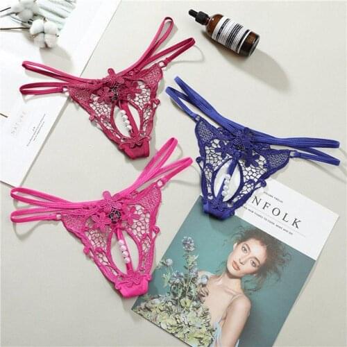 Sexy Hollow Out Printed Women Lingerie G-String Double Strap Pearl Massage Underwear Thong Solid Color Low Waist Panties Hot