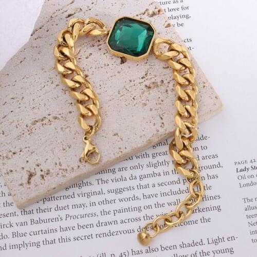 Punk Stainless Steel Gold Thick Chain Bracelets Bangles Hip Hop Green Zircon Stone Fashion Bracelets Jewelry Pulseras Mujer
