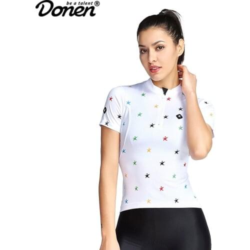 DONEN Cycling Jersey Short Sleeve Jersey Black White womens Lovely Bicycle Summer Breathable Dry Printed Cycling Sport Jersey
