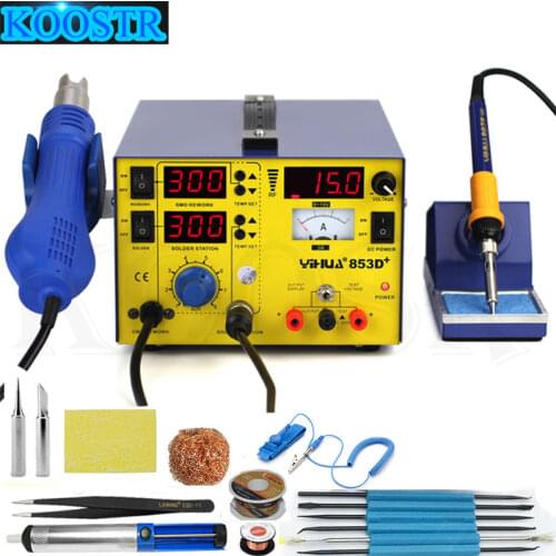 YIHUA 853D+ 3A High Power Digital Display Solder Heat Gun Temperature Adjustable BGA Rework Station + Soldering Iron