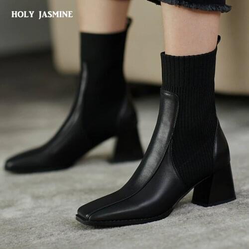 2020 Autumn New Square Toe Women Ankle Boots Chunky 6cm High Heel Elastic Boot Female Slim Fit Sock Boots Fashion Botas Mujer