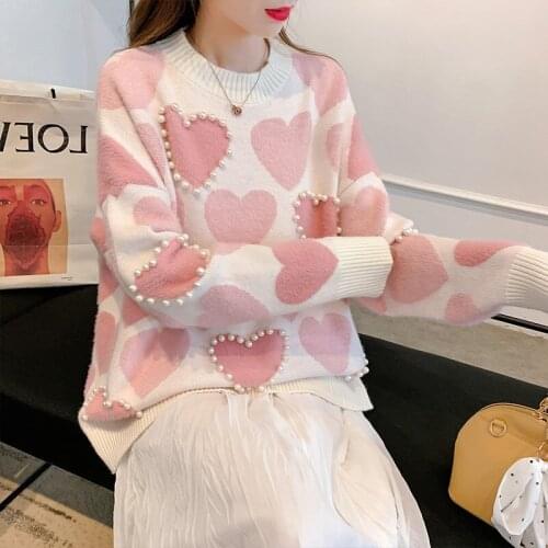 2020 Autumn Peach Heart Beaded Sweater Women Sweet Wind Loose Long Sleeve Fashion Student Pullover Knitted Sweater Female Top