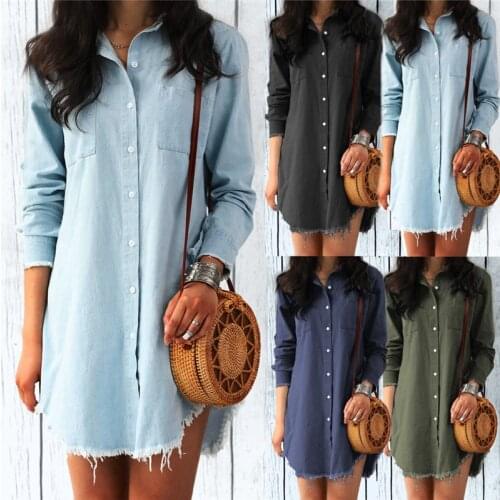 AYUALIN Long Sleeve Autumn Shirt Dress Women vestidos cotton Denim Casual WomenS Dresses Loose beach boho Clothes tunic robe