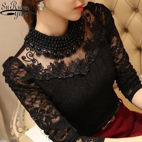 2021 Plus Size Long Sleeve Blouse Shirts Women Sexy Fashion Beaded Blusas Femininas Chic Lace Tops Women Clothing New style 800B