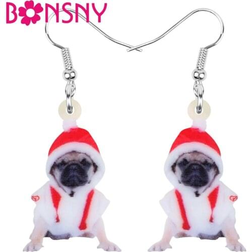 Bonsny Acrylic Christmas Hat Pug Dog Earrings Drop Dangle Animal Jewelry For Women Girl Teen Kid Party Decoration Gift Accessory
