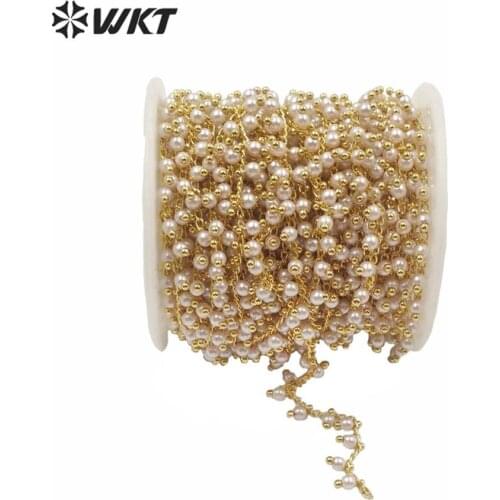 WT-RBC167 Gorgeous hand make shell pearl beads chain for fashion jewelry design gold electroplated 4mm beads necklace chain
