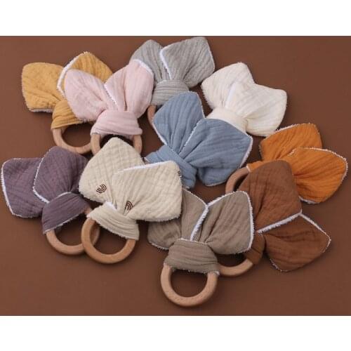Baby Wooden Ring Teether Soft Cotton Rabbit Ear Comforting Toy Teething Sensory Rattle Shower Gift for Infants Newborn